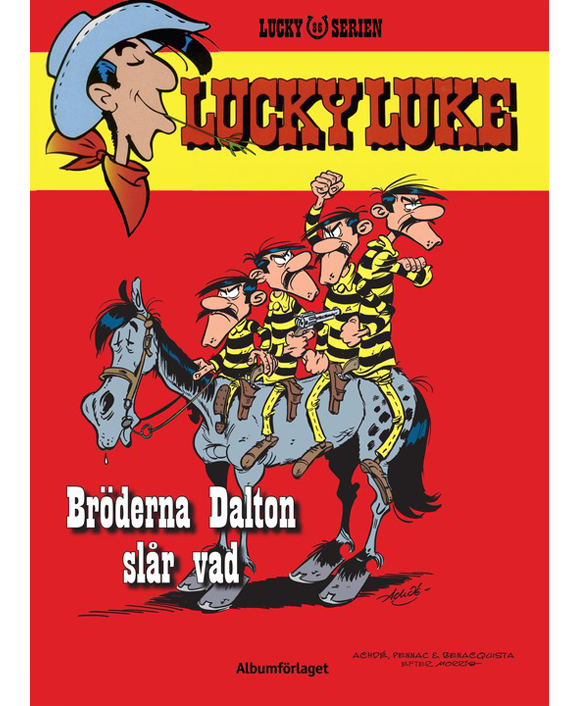 Lucky Luke-albumet ”Bröderna Dalton slår vad”, utgivet av Albumförlaget. Textning, layout och retuschering av Ades Media.